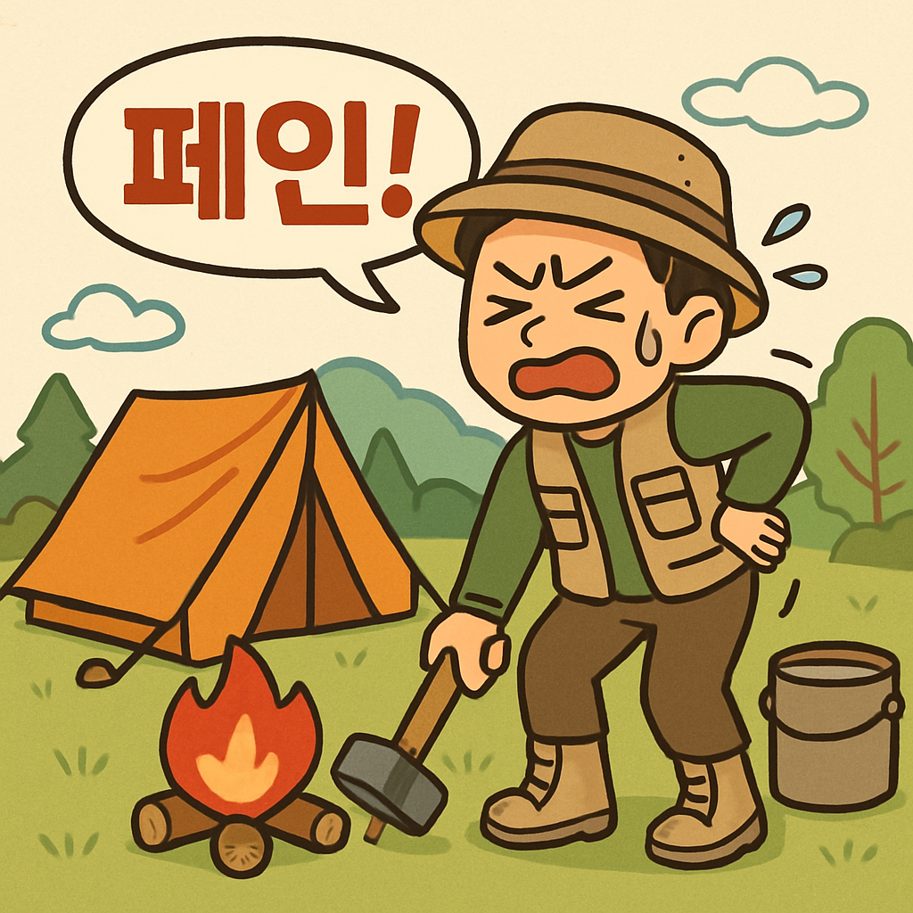 누군가 캠핑을 하다가 힘들어서 '페인!' 하며 고생하는 모습.