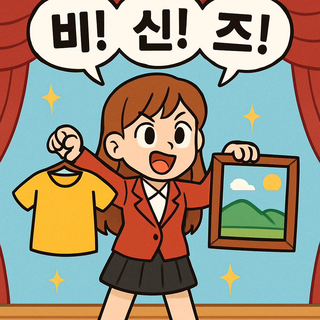 엑시(아이돌)가 무대에서 '비! 신!즈!'를 외치며 옷과 그림을 번갈아가며 전시한다.