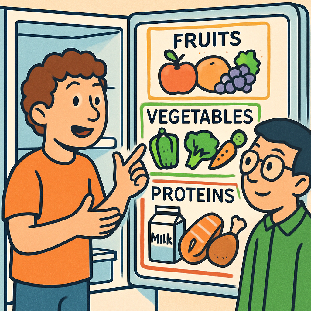 친구가 냉장고 문을 열고, 안에 있는 음식들을 하나하나 논리적으로 분류하며 설명한다.