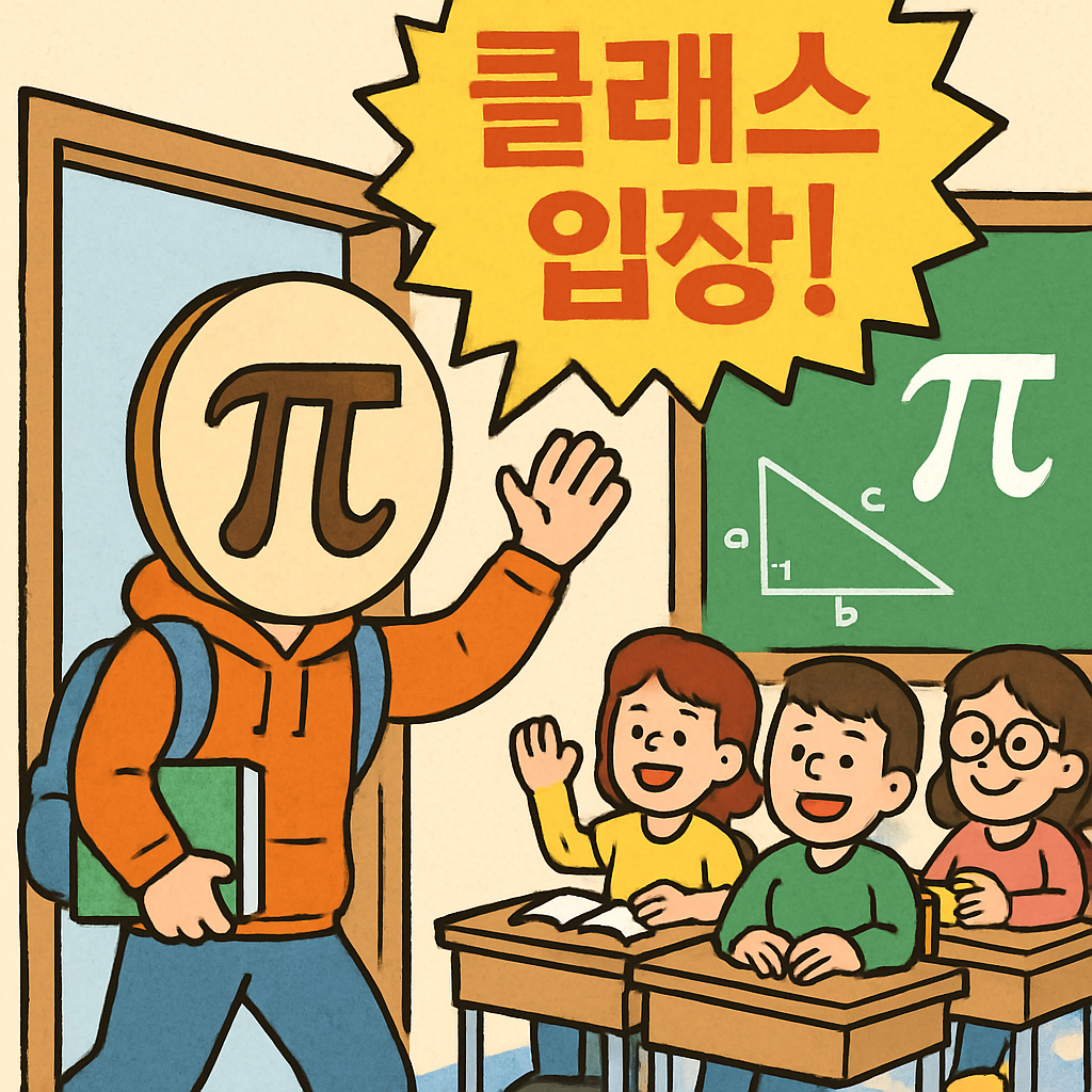 수학 동아리에서 학생이 '클래스 입장!'을 외치며 파이(π) 모양 가면을 쓰고 그룹에 들어간다.