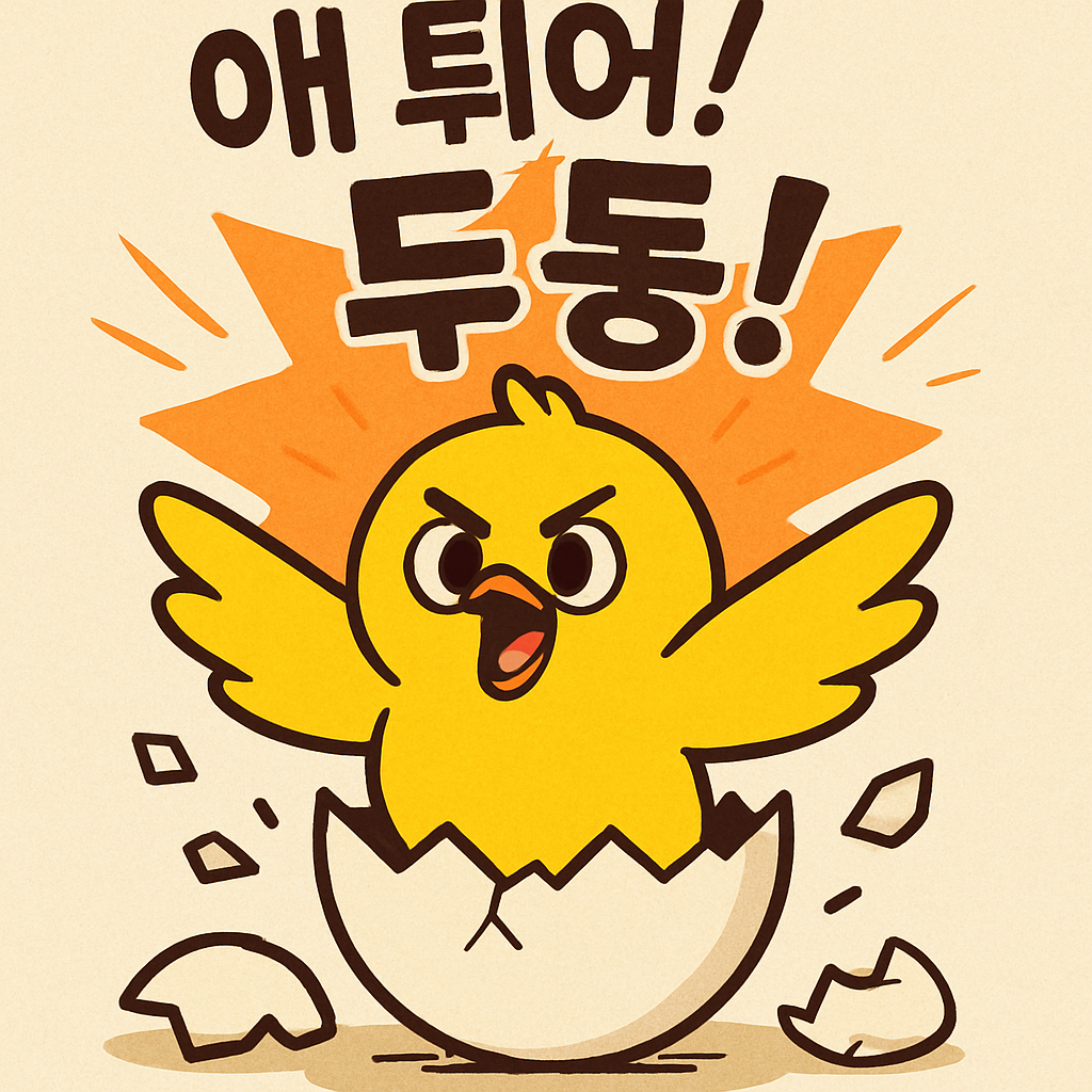 병아리가 알에서 튀어나오며 '애 튀어! 두둥!' 하고 멋진 포즈를 취한다.